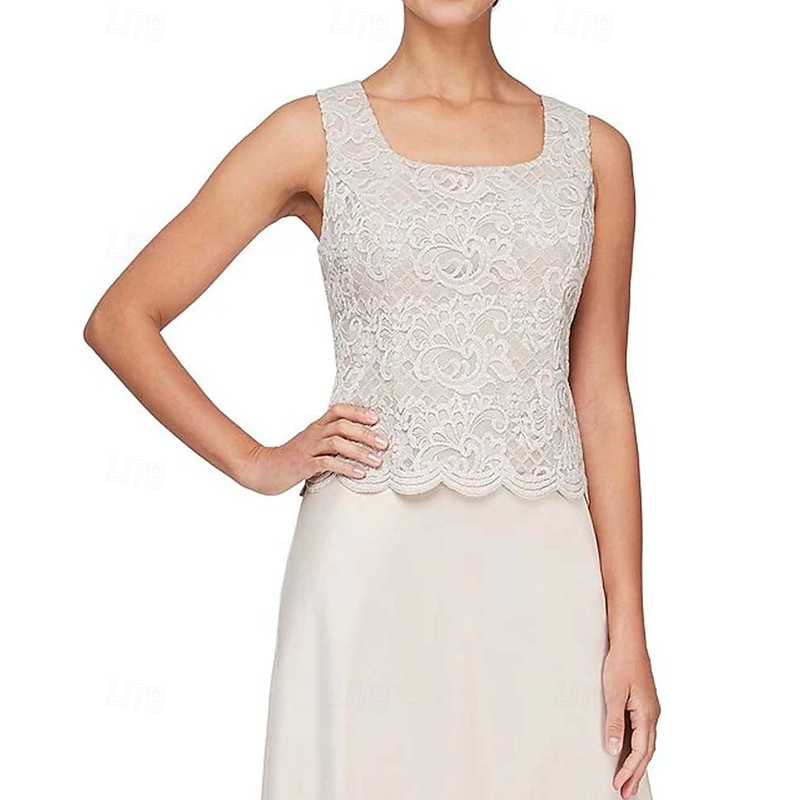 Sheath / Column 3 Piece Mother of the Bride Dress Formal Wedding Guest Elegant Vintage Simple Square Neck Crew Neck Floor Length Satin Lace Sleeveless Long Sleeve Jacket Dresses with Lace3