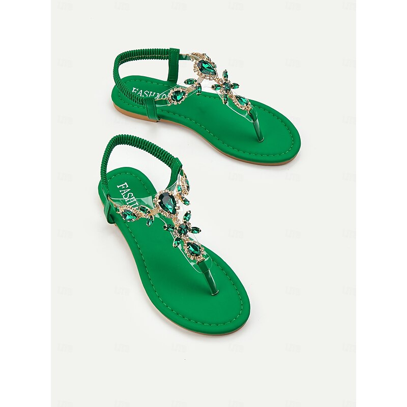 Women's Green Rhinestone Embellished T-Strap Sandals with Elastic Ankle Strap – Elegant Summer Footwear for Beach, Parties, or Casual Wear3