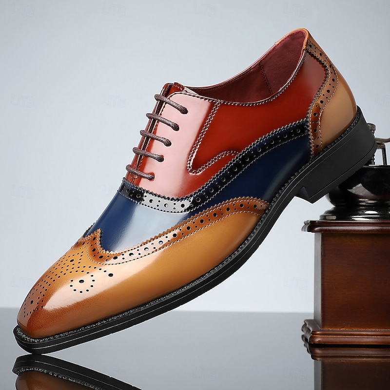 Men's Multicolor Patent Leather Oxford Shoes – Wingtip Brogue Design, Formal Lace-Up Dress Shoes for Weddings and Business Events