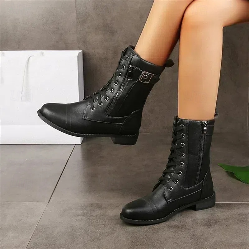 Women's Black Combat Boots with Lace-Up and Side Zipper, Military-Inspired Mid-Calf Boots for Casual Streetwear, Outdoor Walking and Motorcycle Riding