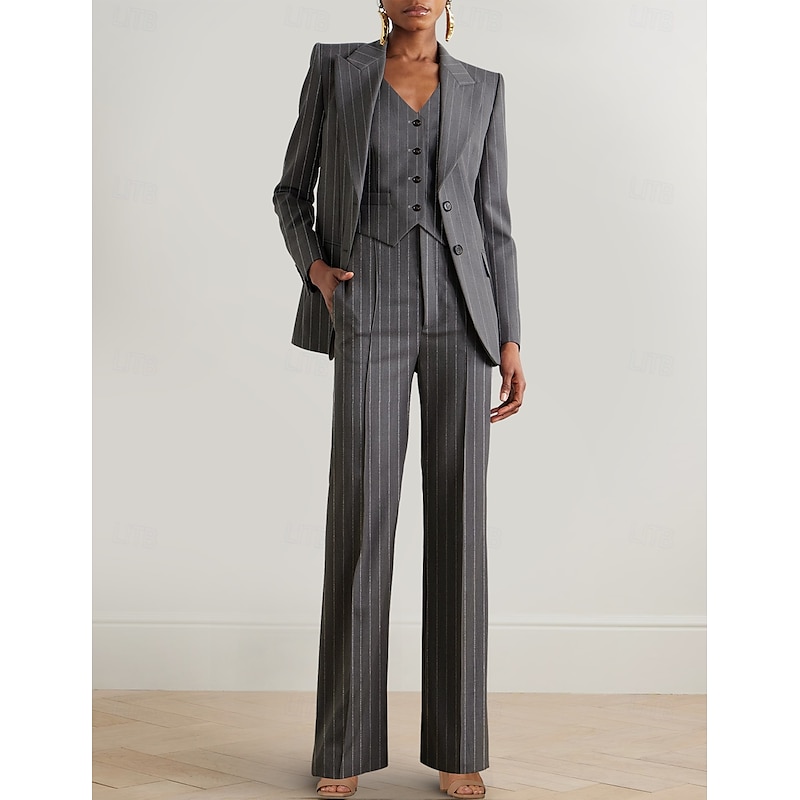 Women's 3 Pieces Pinstriped Suits Formal Wedding Guest Formal Evening Elegant Simple Long Sleeve Ankle Length Peak Lapel Single Breasted3