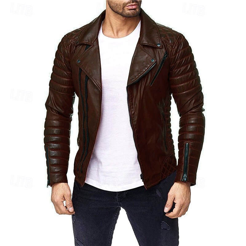 Men's Faux Leather Jacket Transition Jacket Biker Jacket Motorcycle Jacket Vacation Daily Windproof Warm Pocket Fall & Winter Plain Fashion Classic Lapel Regular Faux Leather Black Red Coffee Jacket2