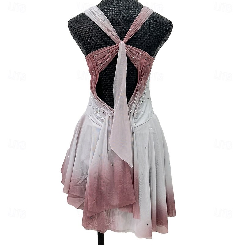 Figure Skating Dress Women's Girls' Ice Skating Dress Dusty Rose Patchwork Asymmetric Hem Mesh Spandex Stretchy Training Practice Professional Skating Wear Crystal / Rhinestone Sleeveless Figure2