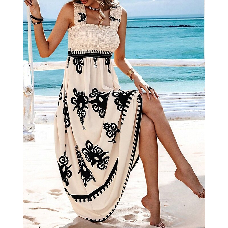 Women's Long Dress Maxi Dress Casual Dress A Line Dress Summer Dress Boho Dress Bohemia Hawaiian Stylish Vacation Daily Date Regular Fit Graphic Sleeveless Square Neck Black Pink Red Green Summer4