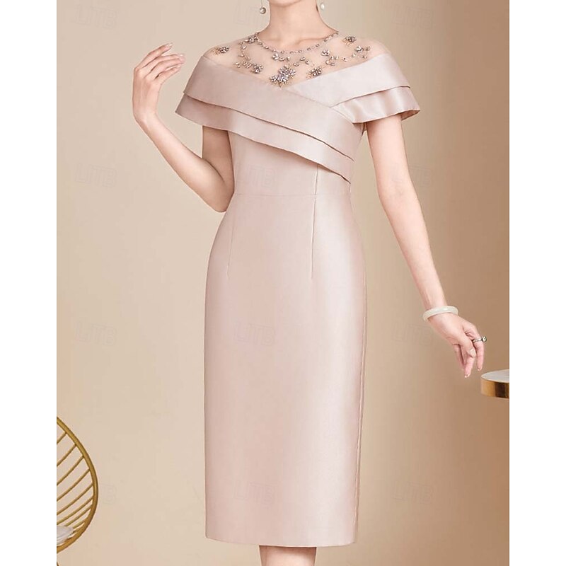 Mother of the Bride Dress Tea Length Elegant Vintage Simple Crew Neck Satin Tulle Short Sleeve with Pleats Cascading Ruffles Diamond Solid Color Race Day Dress2
