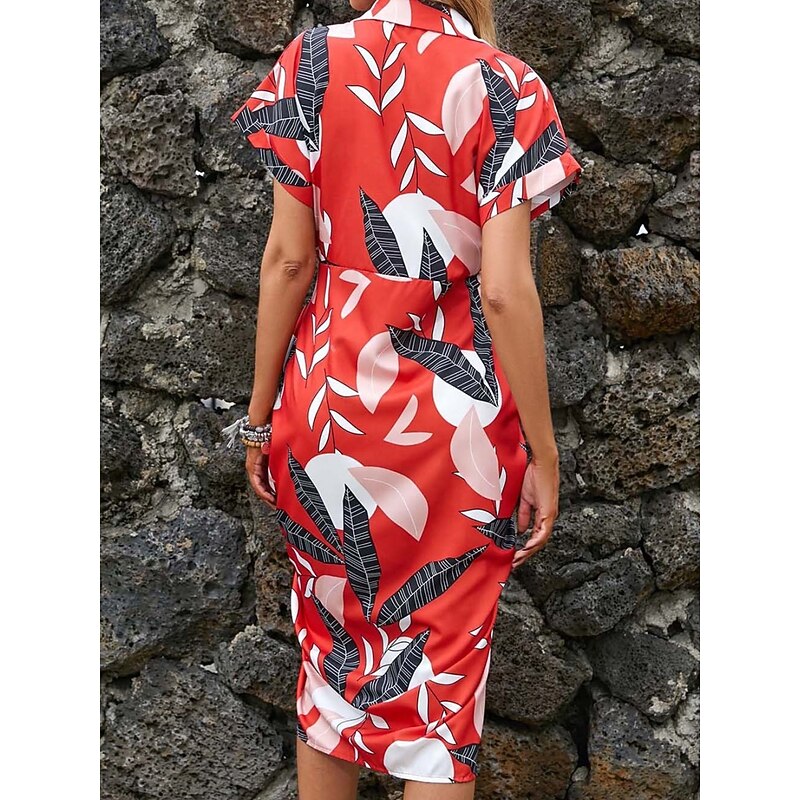 Women's Midi Dress Casual Dress A Line Dress Stylish Casual Vacation Daily Regular Fit Floral Leaf Short Sleeve Shirt Collar Red Green Summer2