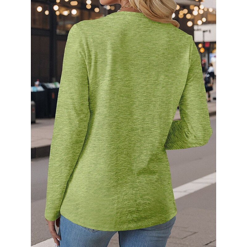 Women's T Shirt Heart Letter Casual Long Sleeve Crew Neck Regular Tops Daily Buttons Print Asymmetrical Green Spring Fall2