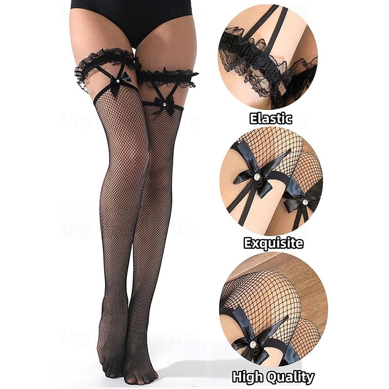 Women's Sexy Fishnet Stockings with Lace and Bow Details – Gothic Style Thigh-High Socks for Cosplay, Parties and Lingerie Outfits2