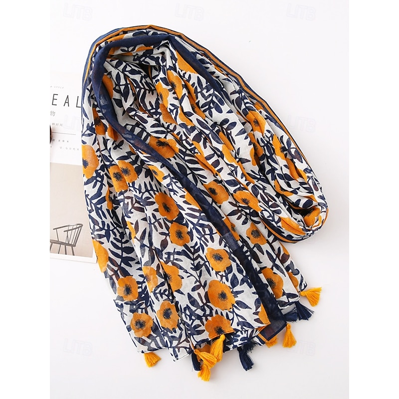 Floral Print Lightweight Scarf with Tassel Details, Boho Chic Style Wrap for Women, Perfect for Spring, Summer, and Casual Outfits3