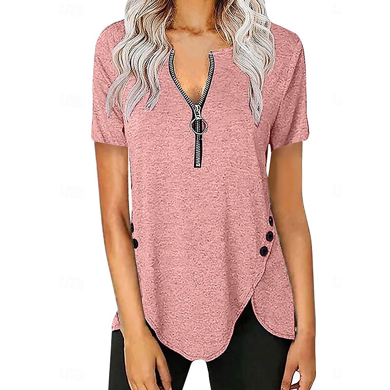 Women's T Shirt Plain Fashion Modern Casual Short Sleeve V Neck Regular Tops Daily Weekend Zipper Black White Pink Summer Spring