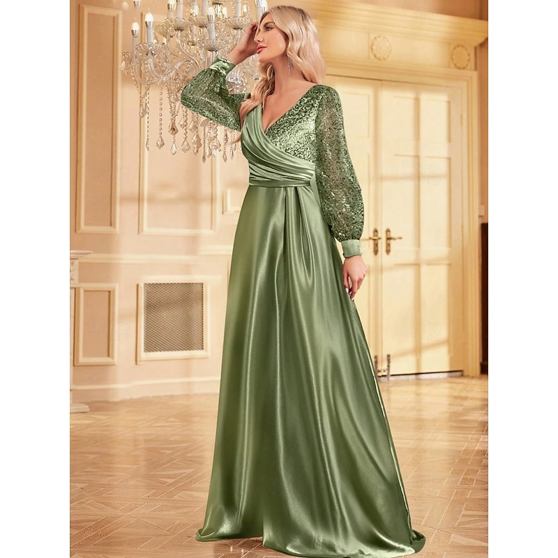 A-Line Evening Gown Elegant Dress Wedding Guest Evening Party Floor Length Long Bubble Sleeve V Neck Satin With Glitter2