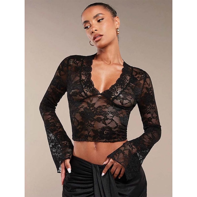 Women's Wrap Crop Top Sexy Long Sleeve V Neck Regular Tops Lace Black White Summer Spring3