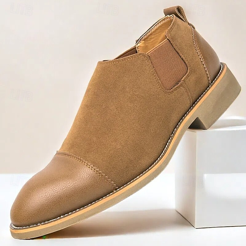 Men's Tan Chelsea Boots with Faux Leather and Suede Upper – Slip-On Elastic Design, Casual and Comfortable for Daily Wear or Semi-Formal Occasions
