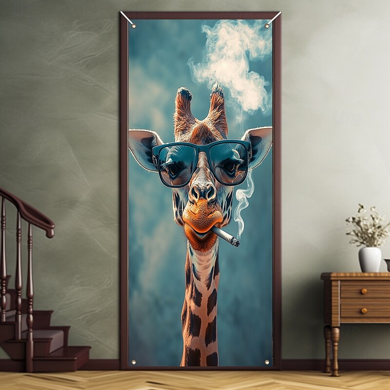 Funny Animal Door Decorations Door Covers Giraffe Door Tapestry Door Curtain Decoration Backdrop Indoor/Outdoor Door Banner for Front Door Farmhouse