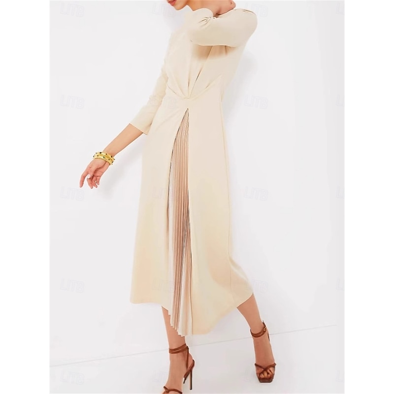 Women's Midi Dress A Line Dress Elegant Stylish Basic Vacation Party Work Regular Fit Plain 3/4 Length Sleeve V Neck Apricot Spring Fall3