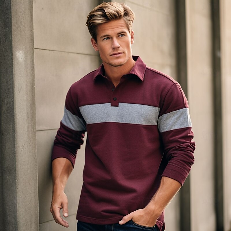 Men's Striped Rugby Polo Long Sleeve Polo Shirts Collared Shirts Sportswear Casual School Outdoor Athleisure 3D Print Spring Fall Winter Red2