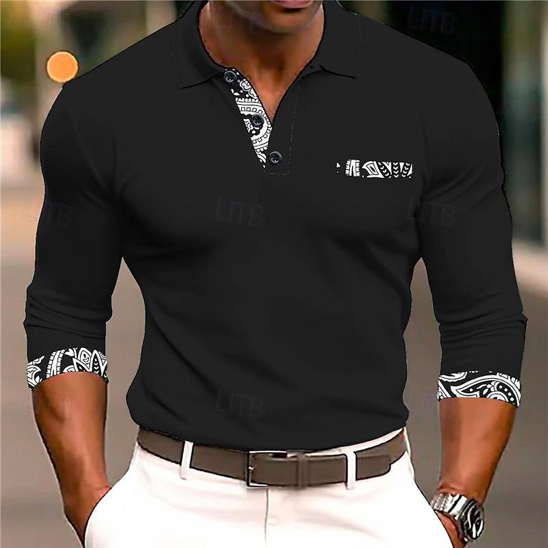 Men's Cable Knit Polo Golf Polos Shirts Long Sleeve Polo Shirts Turndown Vintage Casual Daily 3D Print Fall & Winter Black White Navy Blue