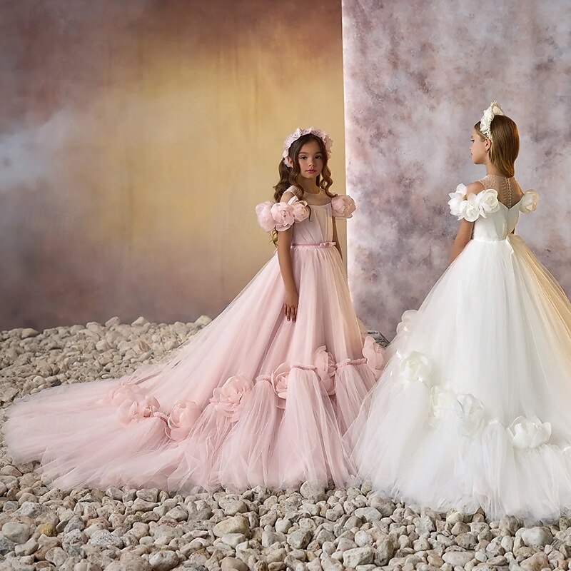 Flower Girl Dress Girls' First Communion Dress Party Dress Wedding Party Princess Sweet Christmas Carnival Ruched Solid Color Strapless Crew Neck White Pink 4 years+