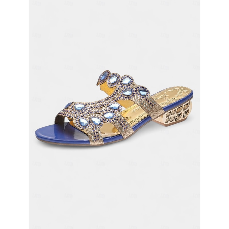 Blue and Gold Open-Toe Sandals with Crystal Embellishments – Stylish Women's Shoes for Festive Occasions4