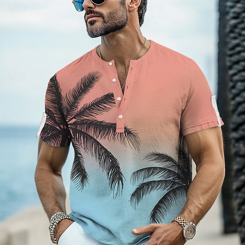 Men's Coconut Tree Beach Shirt Aloha Shirt Short Sleeve Hawaiian Vacation Summer Spring V Neck Buttons Pink Blue Green