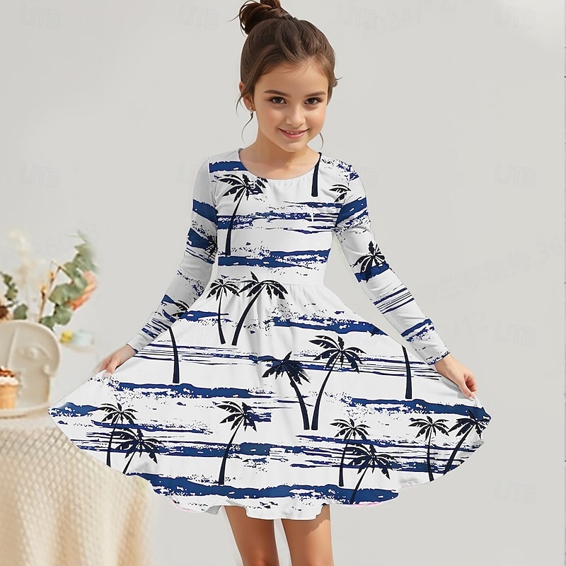 Girls' 3D Graphic Coconut Tree Dress Long Sleeve Summer Spring Vacation Daily Holiday Princess Beautiful Sweet Kids 4-12 Years Casual Dress A Line Dress Knee-length Regular Fit4