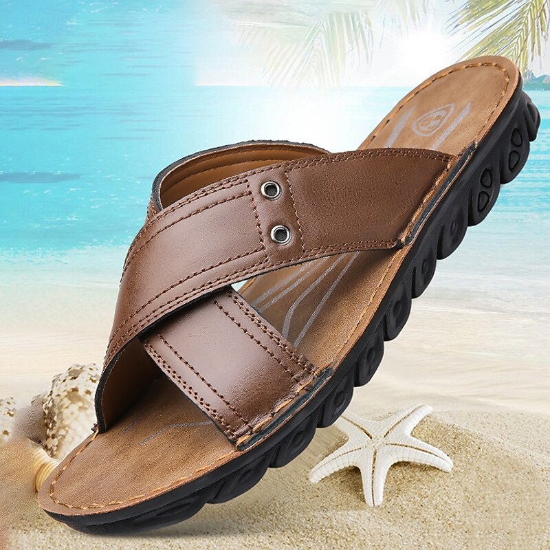 Men's Brown Faux Leather Cross Strap Sandals – Comfortable Slip-On Beach Slides with Non-Slip Sole for Summer Casual and Outdoor Wear
