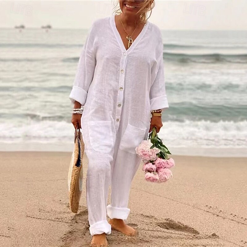 Women's Normal Jumpsuit Streetwear Solid Color Long Sleeve Straight V Neck Buttons Pocket Street Daily Regular Fit White Light Blue Summer2
