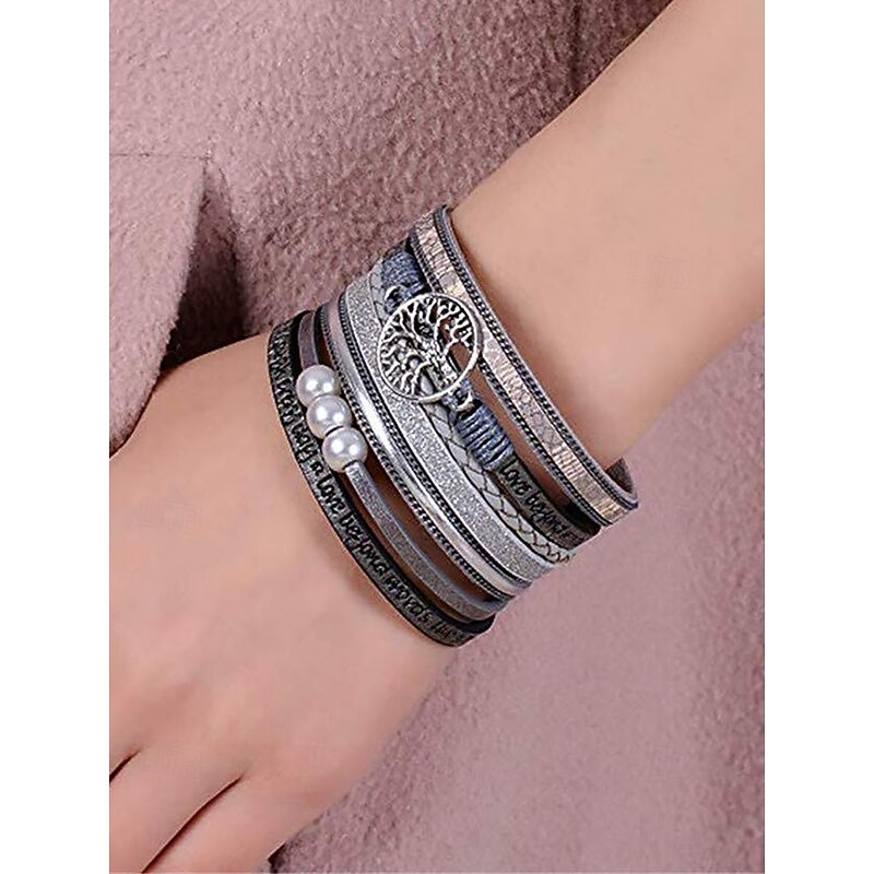 Men's Leather Bracelet with Tree of Life Pendant – Multi-layered Design with Pearls, Adjustable, Stylish for Casual and Boho Style2