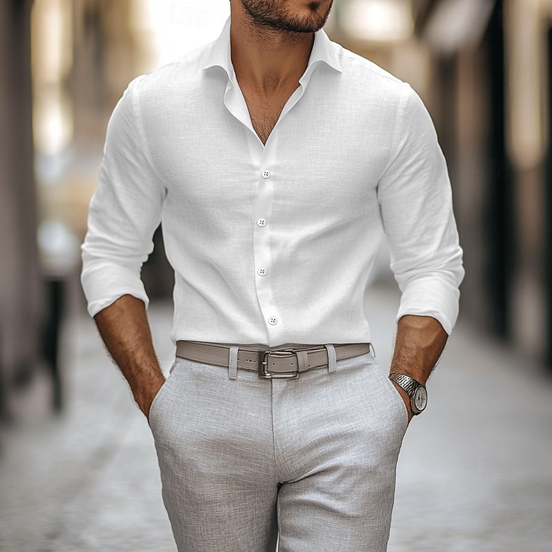 Men's Shirt Linen Shirt Summer Shirt Button Up Shirt Plain Vacation Casual Black White Blue Long Sleeve Collar Spring & Summer Clothing Apparel