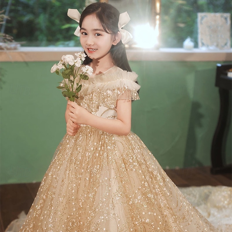 Flower Girl Dress Kid's Girls' Princess Dress Performance Wedding Party Elegant Beautiful Mesh Solid Color Short Sleeve Crew Neck Champagne 4 years+3