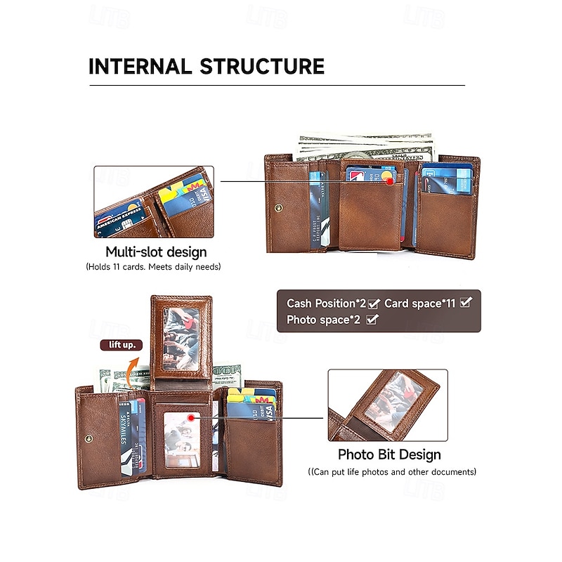 RFID Blocking Genuine Leather Wallet for Men – Trifold Design with Card Slots, ID Window, and Cash Compartment, Stylish and Secure for Everyday Use or Gifts Dark Brown Black Brown4