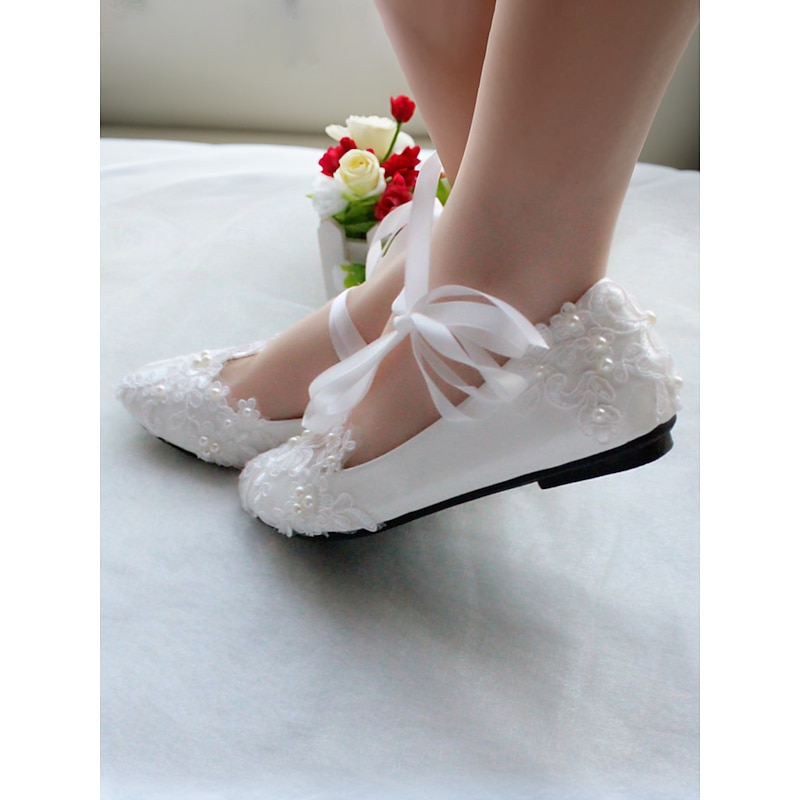White Lace Bridal Flats with Ribbon Ties - Elegant Wedding Shoes for Women Featuring Floral Embroidery2