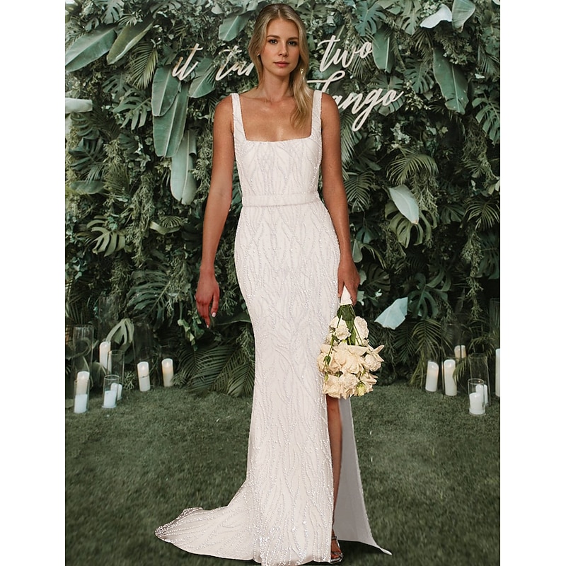 Wedding Dresses Mermaid / Trumpet Square Neck Detachable Sleeve Beaded Lace Applique Sleeveless Court Train Lace Bridal Suits Bridal Gowns With High Slit