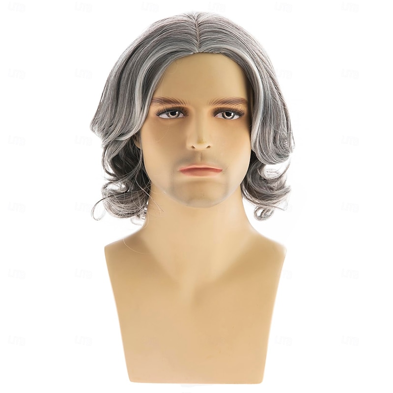 Mens Grey Wig Short Wavy Bob Wig Synthetic Cosplay Party Replacement Hair Wig