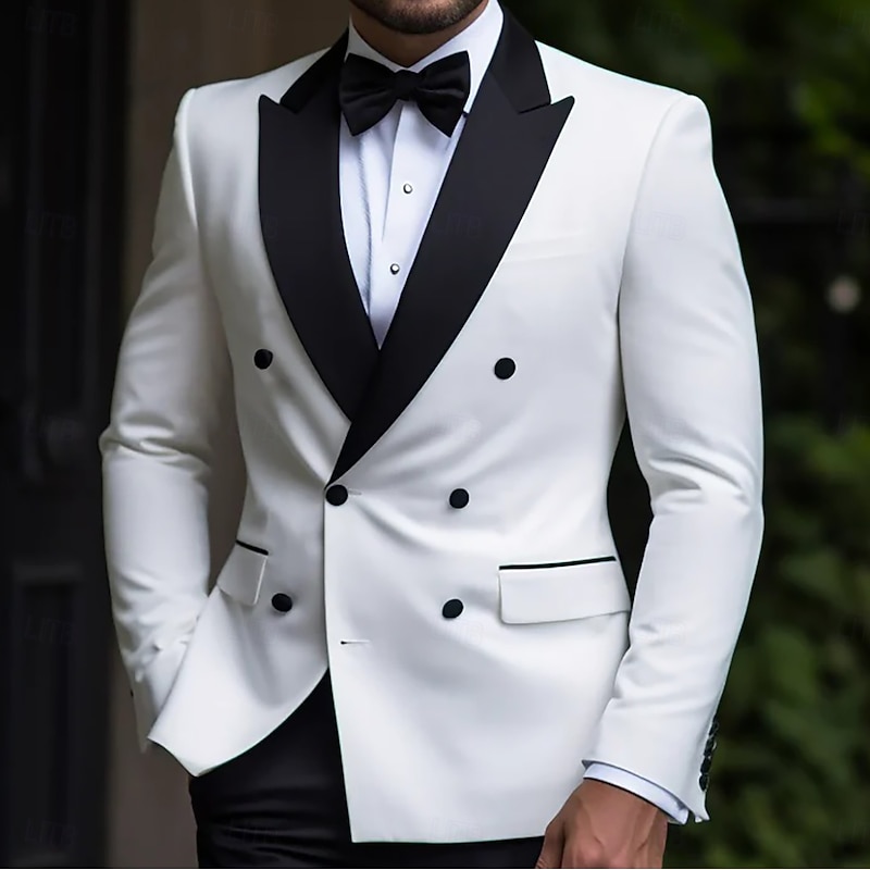 Men's Wedding Party Suits Peaked Lapel Black+White Luxury Formal Solid Colored Tailored Fit 2 Piece Double Breasted Six-buttons2