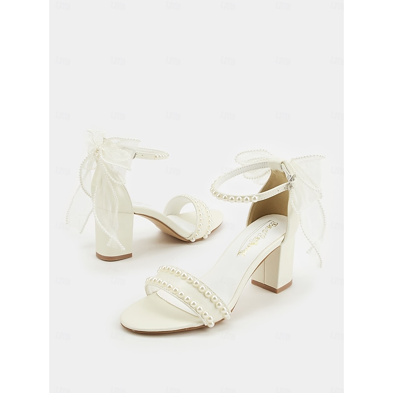 White Pearl-Embellished Bridal Sandals with Bow Strap – Perfect for Weddings and Formal Events3