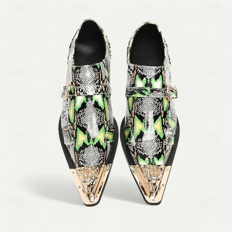 Men's Green Snake Print Leather Slip-On Loafers with Metal Buckle and Decorative Toe Cap - Premium Cowhide Exotic Style Dress Shoes for Parties and Formal Events2