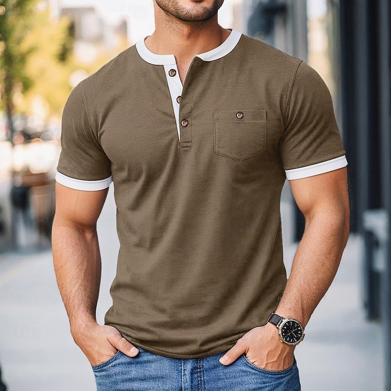 Men's Henley Shirt Tee Top Short Sleeve Color Block Fashion Designer Comfortable Buttons Pocket Henley Outdoor Casual Daily Summer Spring Black Navy Blue Brown Henley T-Shirt