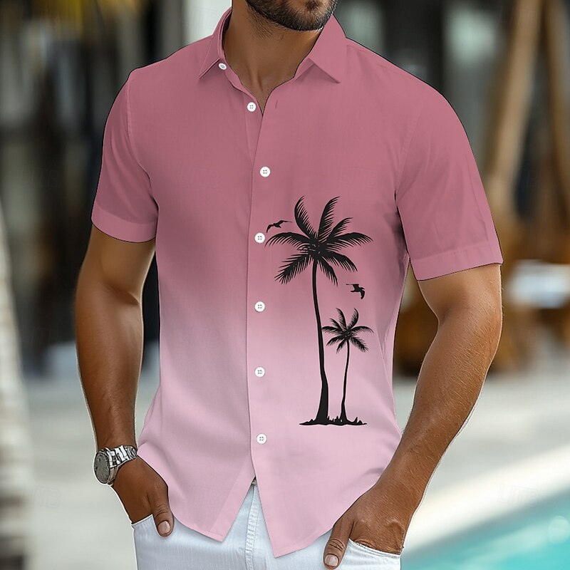 Men's Coconut Tree Gradient Color Tropical Plants Summer Hawaiian Shirt Button Up Shirt Short Sleeve Hawaiian Resort Vacation Holiday Beach Wear Summer Spring Turndown Collared Shirts Yellow Pink3