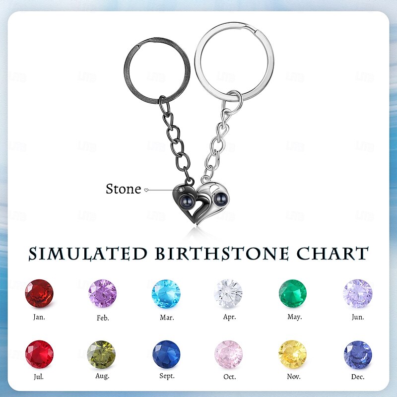 Personalized Projection Keychain Set – Durable Stainless Steel Couple Keychains with Half Heart Pendant, Custom Wedding Gift for Couple Photo Birthstone Projection, Romantic Wedding Gift3
