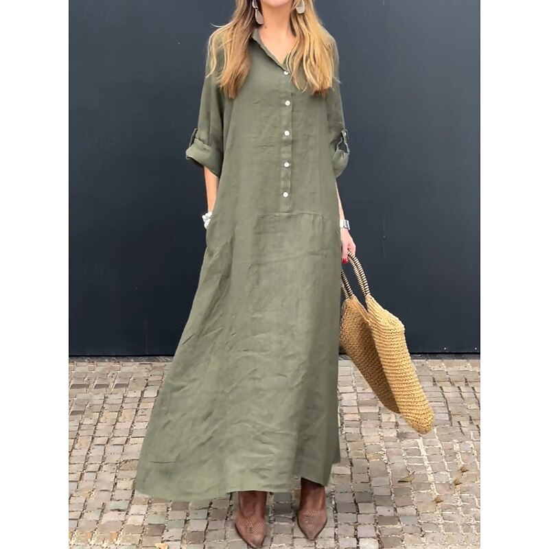 Women's Maxi Dress Cotton Linen Dresses Casual Dress Basic Casual Vacation Daily Regular Fit Plain Long Sleeve Shirt Collar Pink Green Gray Spring Fall
