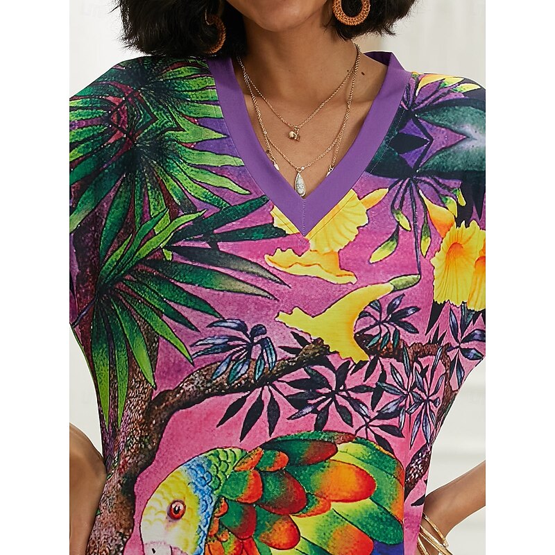 Women's Maxi Dress Casual Dress Sundress Shift Dress Streetwear Hawaiian Maxi Drop Shoulder Vacation Street Holiday Loose Fit Floral Animal Short Sleeve V Neck Pink Red Summer3