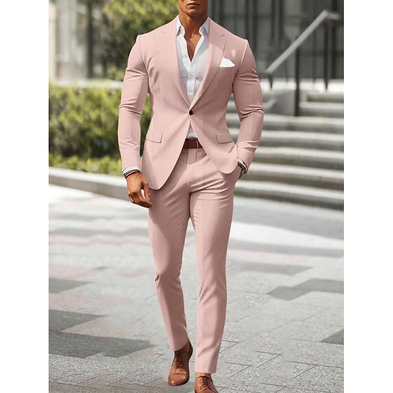 Men's Wedding Casual Linen Suits Notch Lapel pea green Pink Solid Colored Standard Fit 2 Piece Single Breasted One-button2