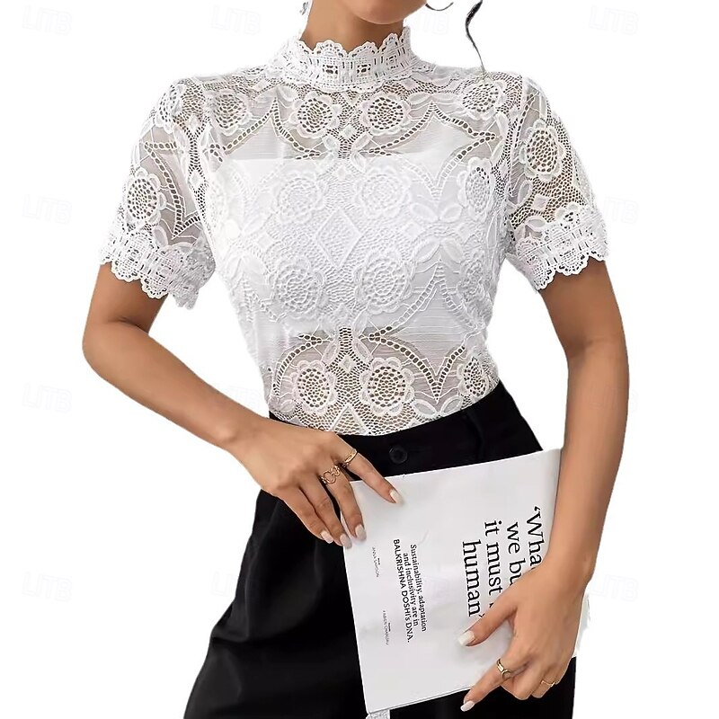 Women's Boho Shirt Lace Splicing Top Hawaiian Short Sleeve Asymmetrical Regular Tops Lace White Summer Spring3