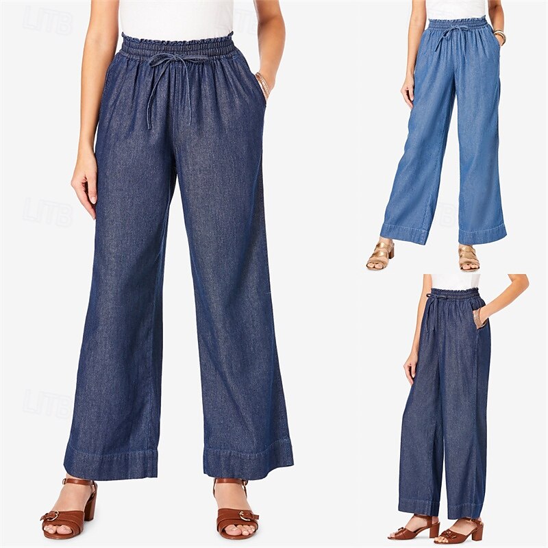 Women's Linen Pants Pants Trousers Lightweight Casual Full Length Mid Rise Plain Pocket Drawstring Breathability Comfortable Inelastic Home Casual Daily Light Sky Blue Navy Summer Spring Regular Fit