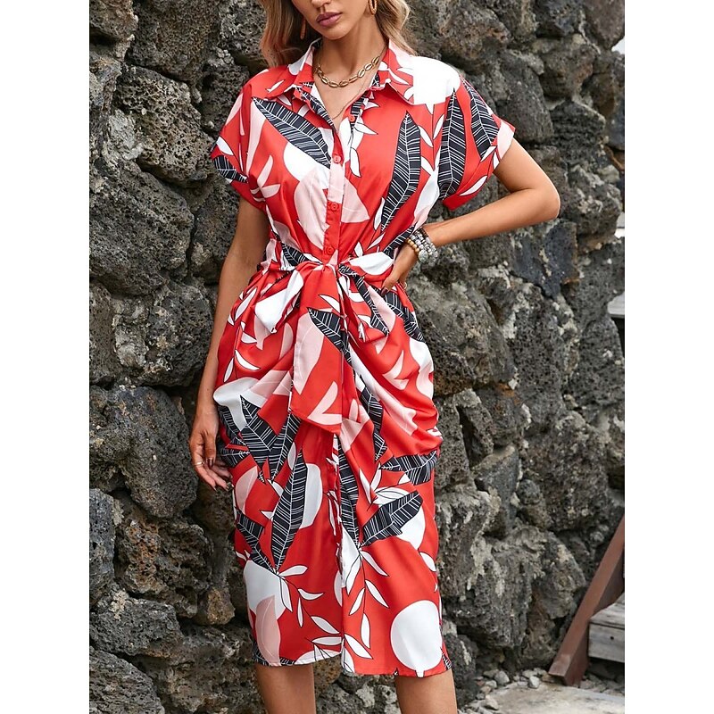 Women's Midi Dress Casual Dress A Line Dress Stylish Casual Vacation Daily Regular Fit Floral Leaf Short Sleeve Shirt Collar Red Green Summer4