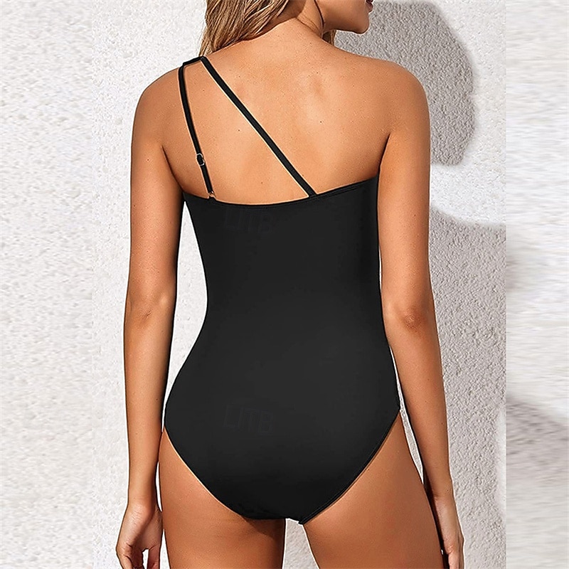 Women's One Piece Swimsuit One Shoulder Swimwear Solid Colored Swimwear Black Red Breathable Quick Dry Lightweight Sleeveless - Swimming Surfing Beach Summer Spring3