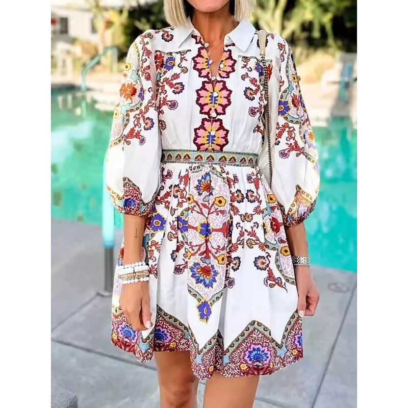 Women's Mini Dress Petite Dress Casual Dress A Line Dress Boho Dress Stylish Casual Vacation Party Daily Loose Fit Floral 3/4 Length Sleeve Shirt Collar White Summer Spring Fall