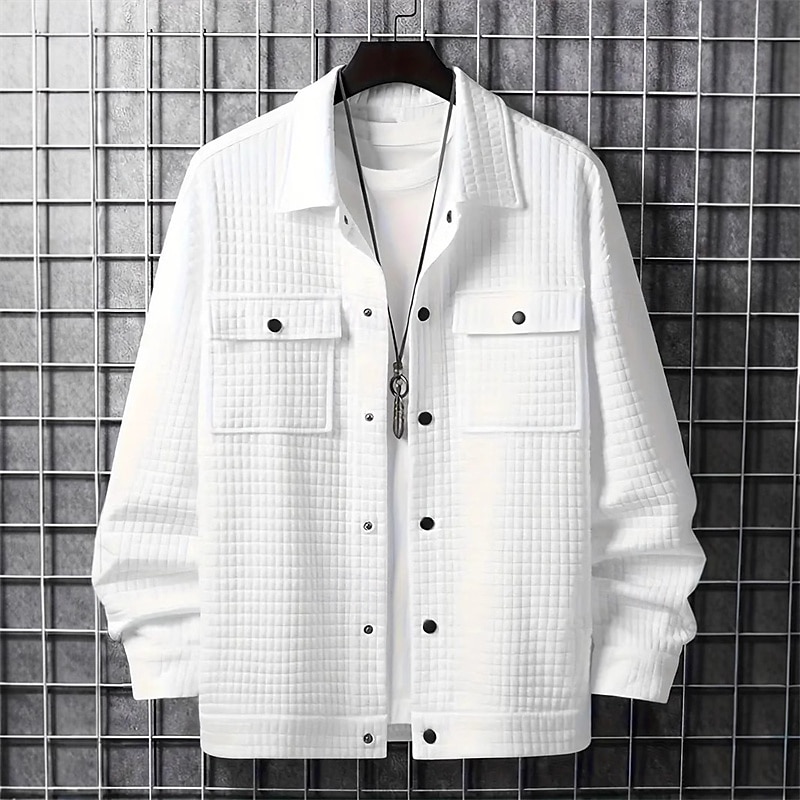 Men's Shirt Jacket Overshirts Transition Jacket Daily Lightweight Pocket Spring Plain Streetwear Lapel Regular White Khaki Jacket2