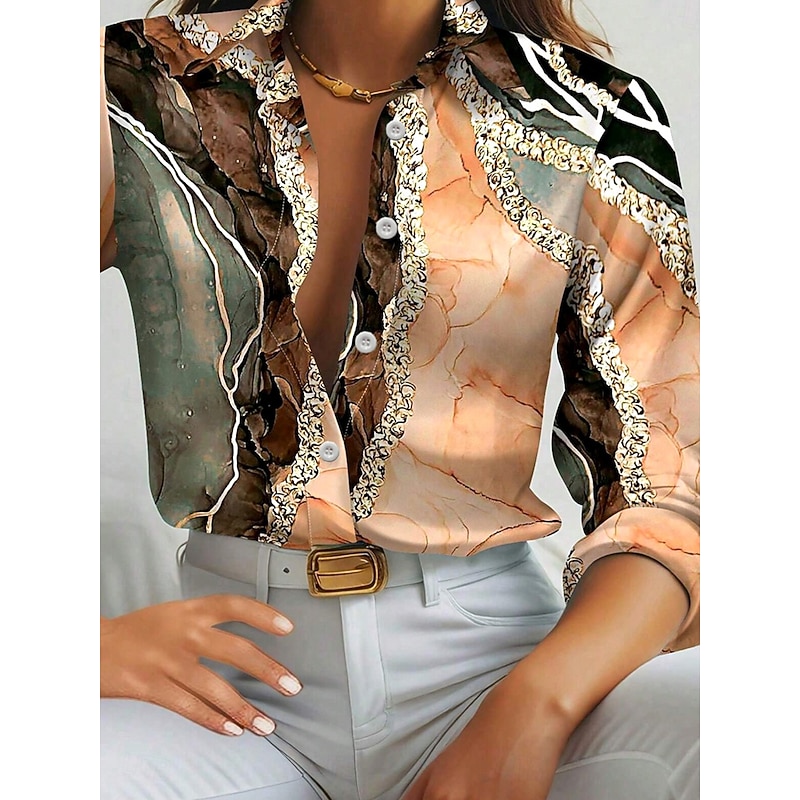 Women's Shirt Button Down Tunic Shirt Collar Long Sleeve Graphic Marble Daily Stylish Long Tops Daily s Print Light Brown Spring3